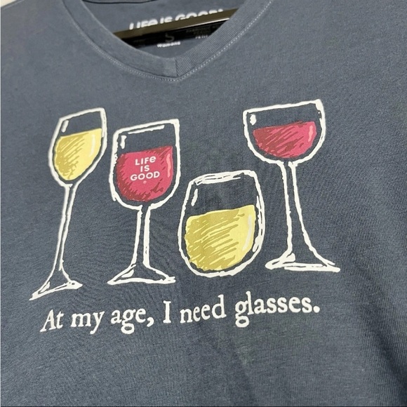 Life is Good Women Sz S I Need Wine Glasses Crusher Tee V Neck Navy Blue NWT - Picture 7 of 11